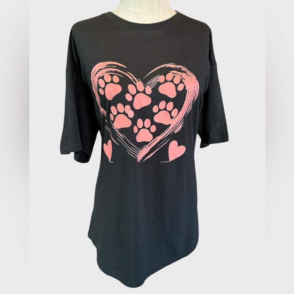 Dog Mom Graphic Tee L – Black Pink Paw Print Heart Shirt Animal Lover Top - Picture 3 of 5